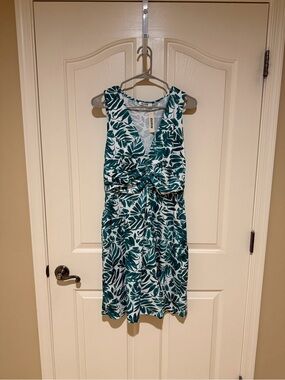 Knot-Front Teal Leaf Print Midi Dress
